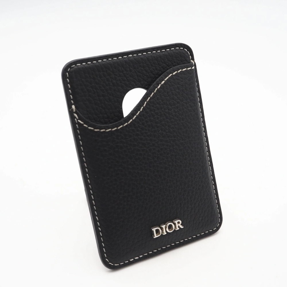 Dior Saddle Magnetic Card Holder Case Black Grained Calf Leather